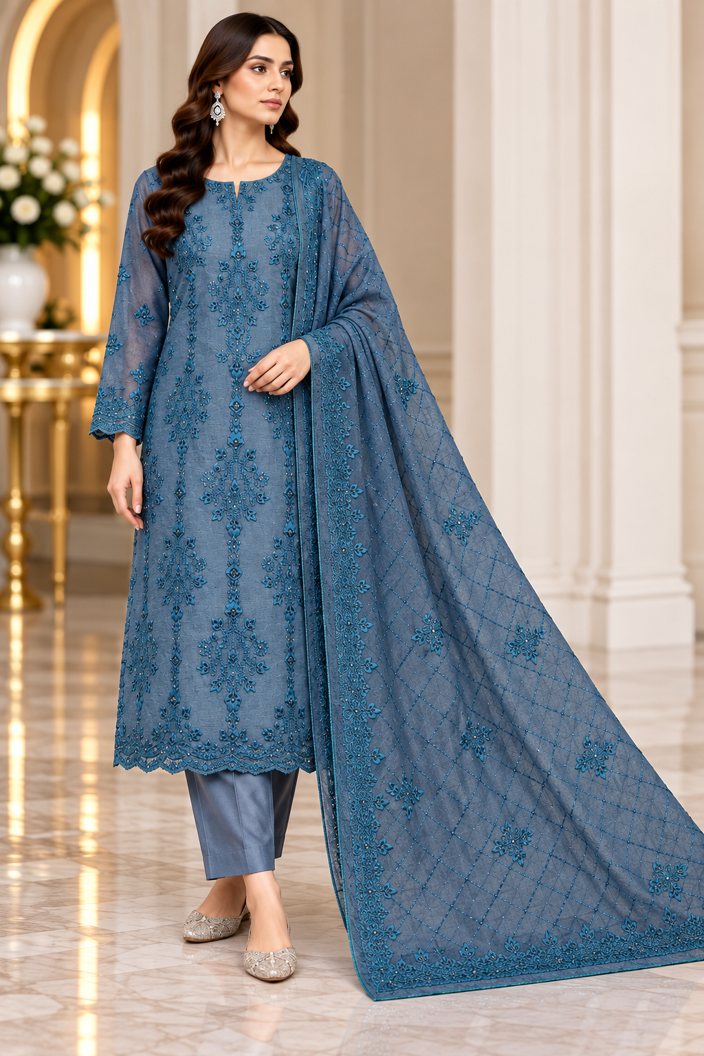 Slate Blue Teal Embroidered Khadi Net Measuri 3 Piece Unstitched Suit