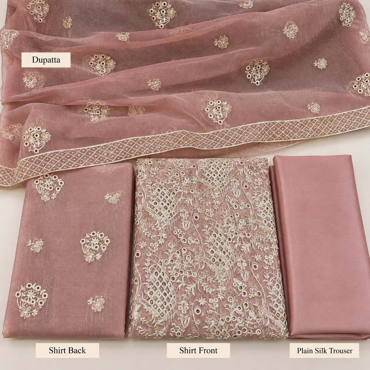 Dusty Rose Ivory Embroidered Khadi Net Measuri 3 Piece Unstitched Suit