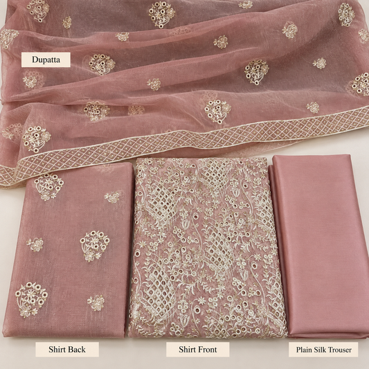 Dusty Rose Ivory Embroidered Khadi Net Measuri 3 Piece Unstitched Suit