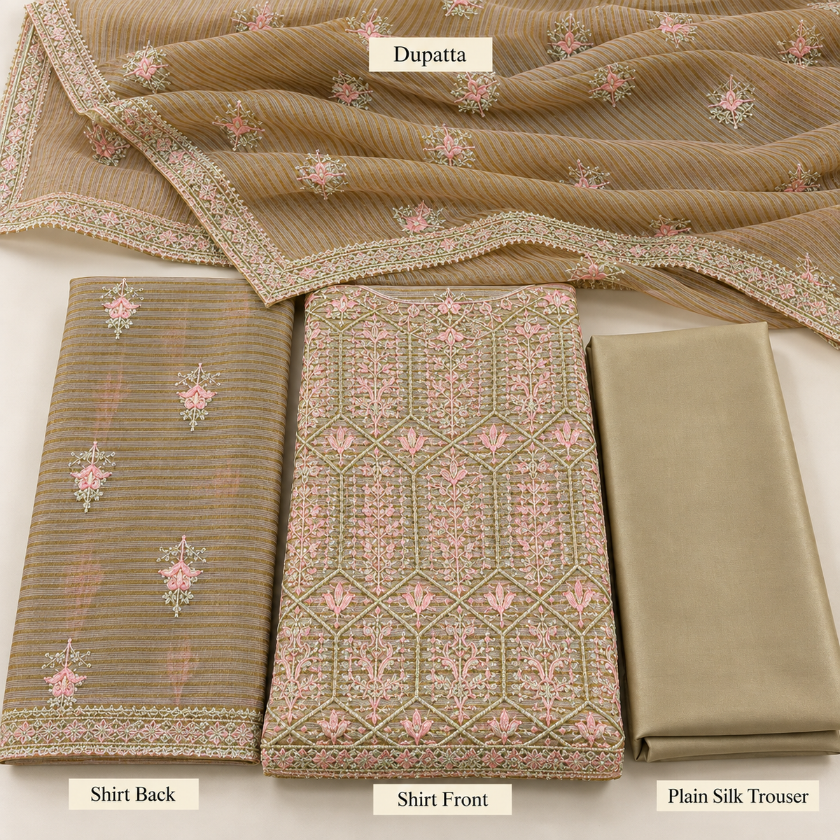 Antique Olive Gold Pink Embroidered Khadi Net Measuri 3 Piece Unstitched Suit