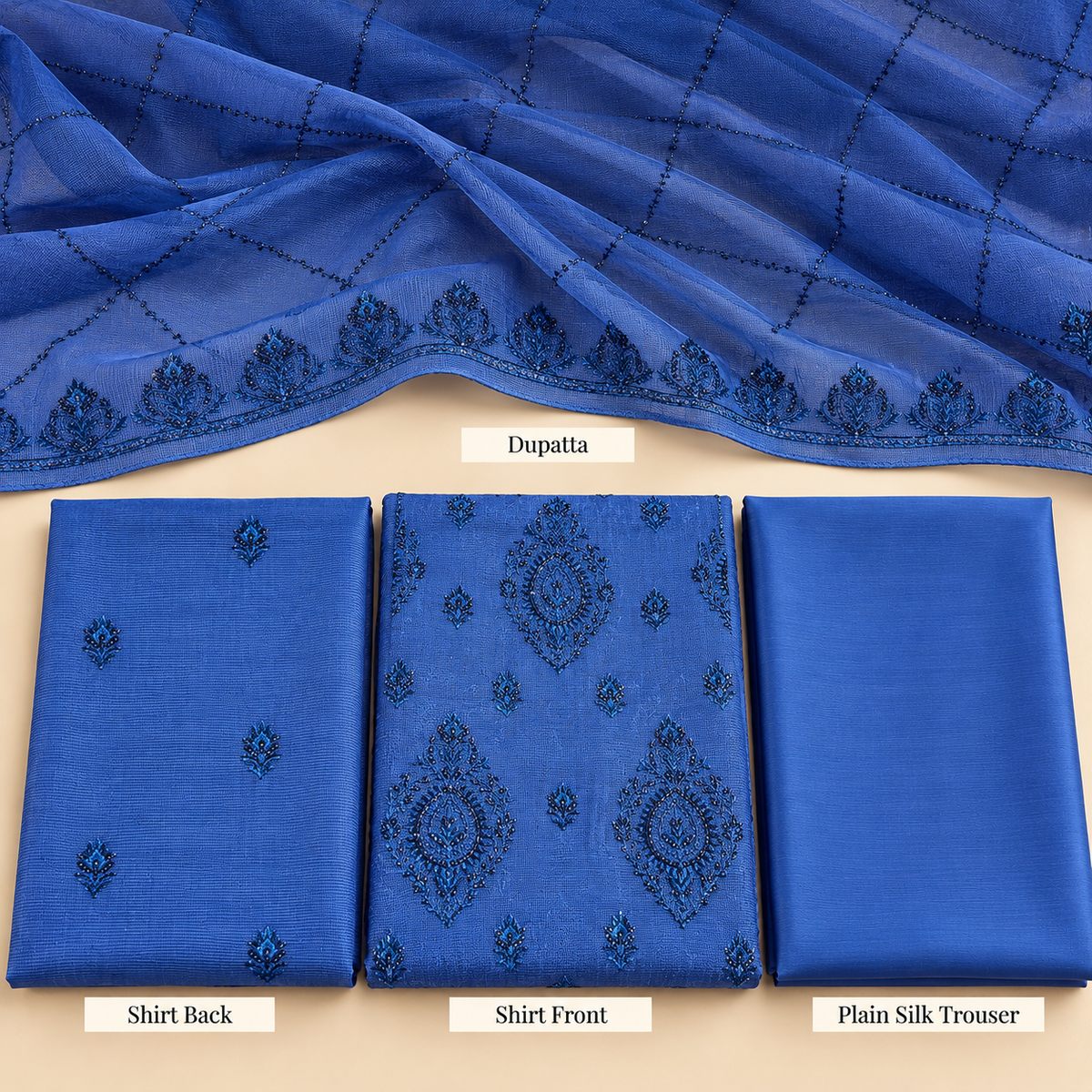 Royal Blue Embroidered Khadi Net Measuri 3 Piece Unstitched Suit