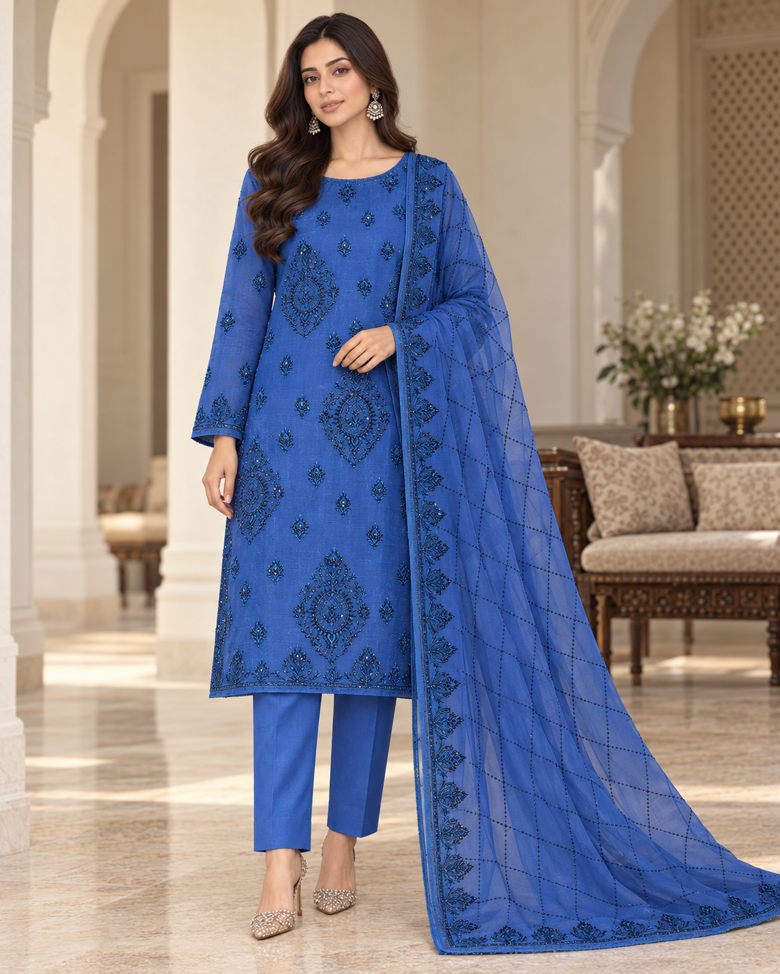 Royal Blue Embroidered Khadi Net Measuri 3 Piece Unstitched Suit