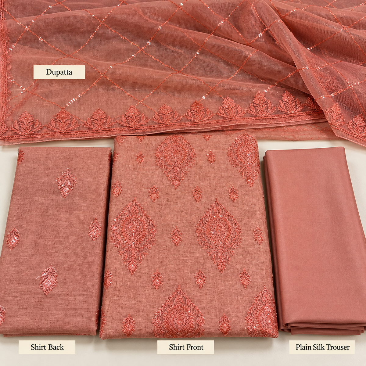 Dusty Coral Tonal Embroidered Khadi Net Measuri 3 Piece Unstitched Suit
