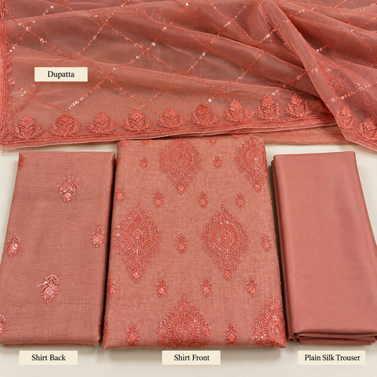 Dusty Coral Tonal Embroidered Khadi Net Measuri 3 Piece Unstitched Suit