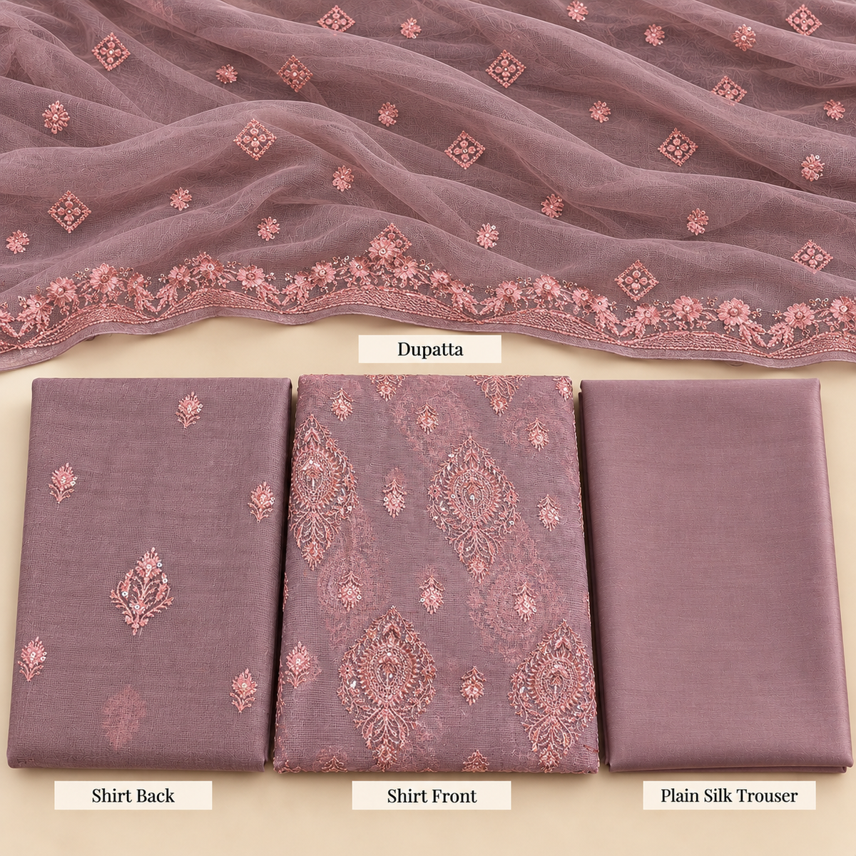 Dusty Mauve Rose Embroidered Khadi Net Measuri 3 Piece Unstitched Suit
