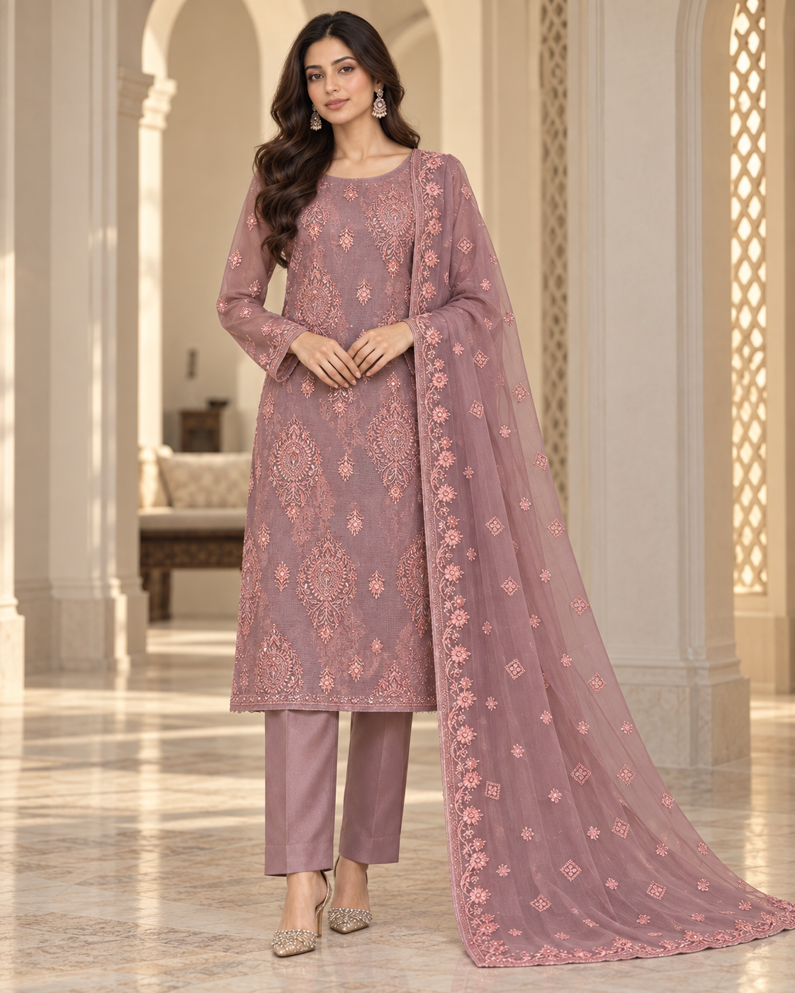 Dusty Mauve Rose Embroidered Khadi Net Measuri 3 Piece Unstitched Suit
