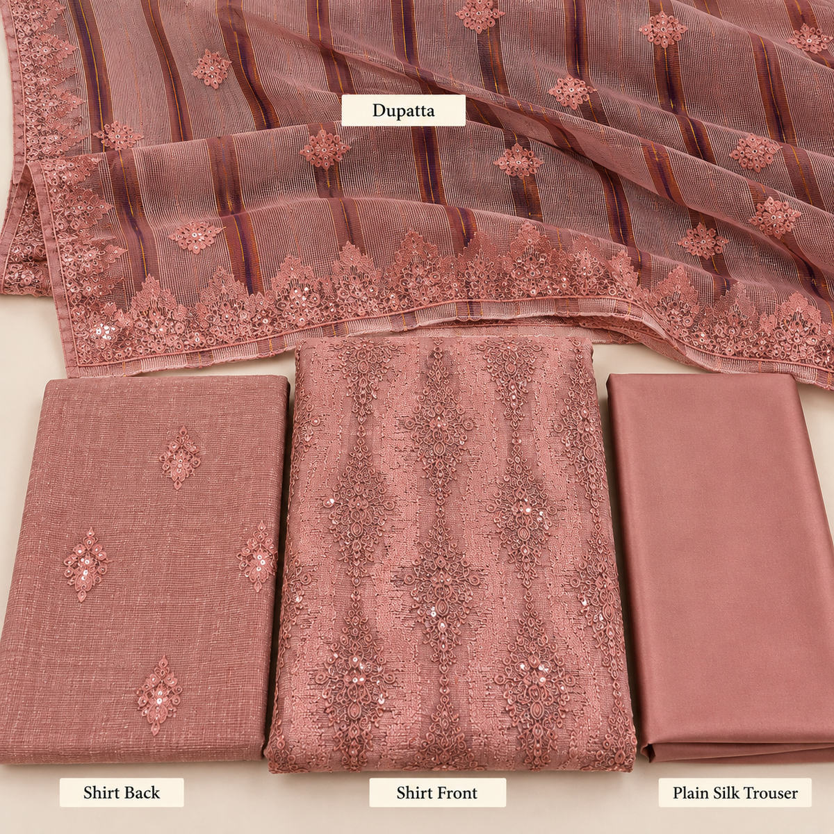 Dusty Rose Embroidered Khadi Net Measuri 3 Piece Unstitched Suit