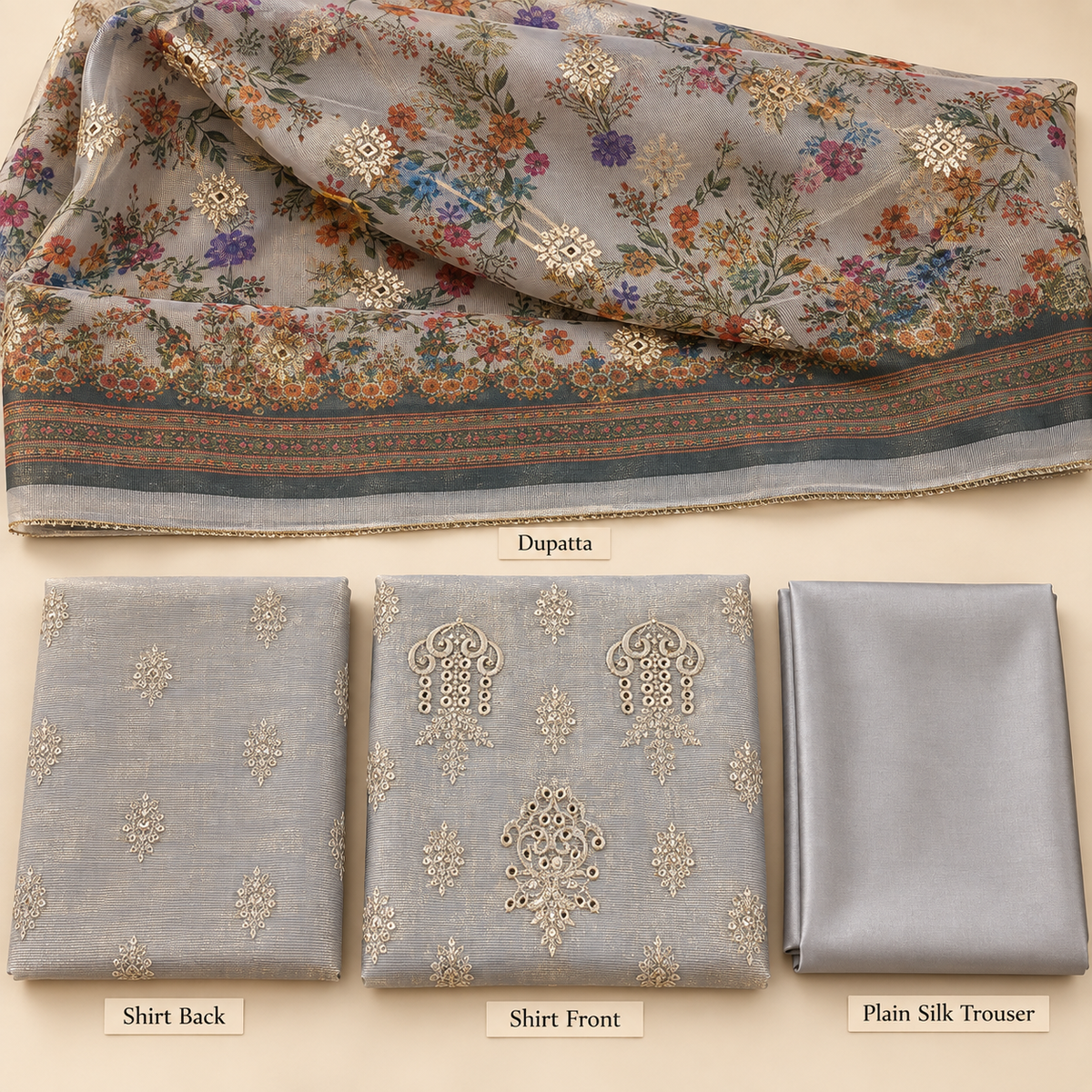 Silver Grey Multicolor Embroidered Khadi Net Measuri 3 Piece Unstitched Suit