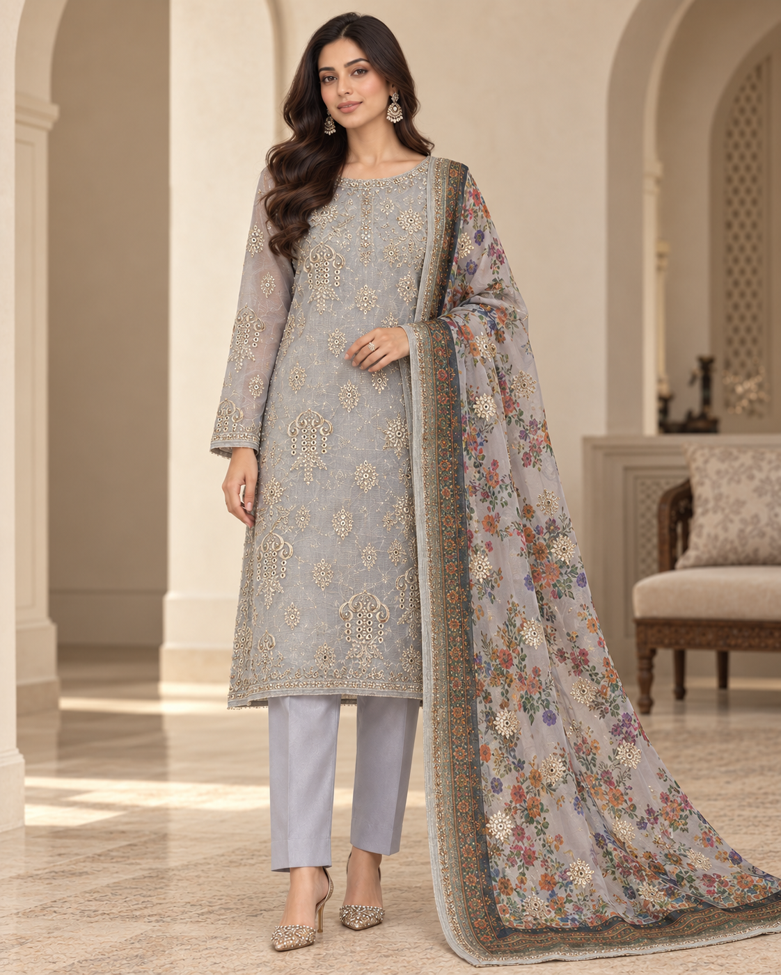 Silver Grey Multicolor Embroidered Khadi Net Measuri 3 Piece Unstitched Suit
