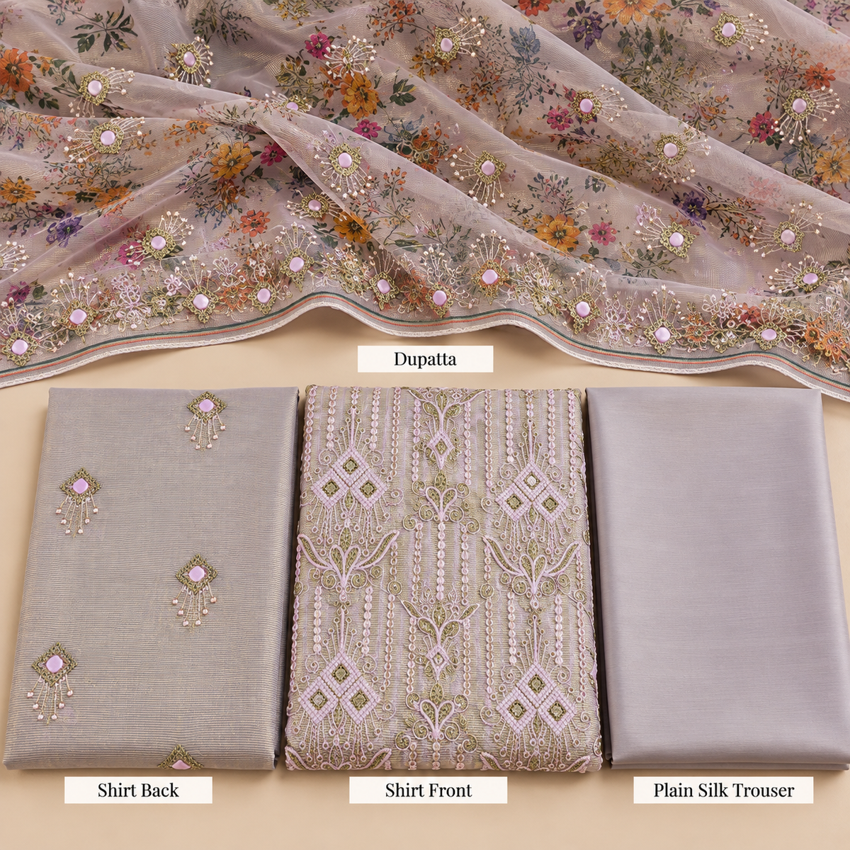 Dusty Lilac Pink Mirror Work Embroidered Khadi Net Measuri 3 Piece Unstitched Suit