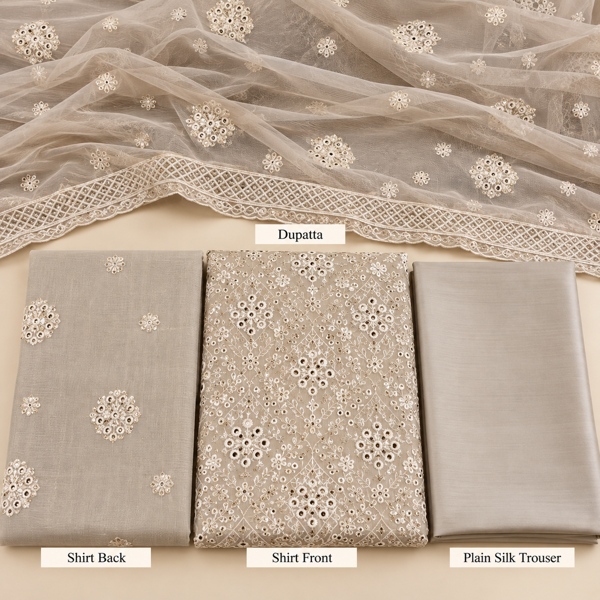 Champagne Taupe Ivory Embroidered Khadi Net Measuri 3 Piece Unstitched Suit