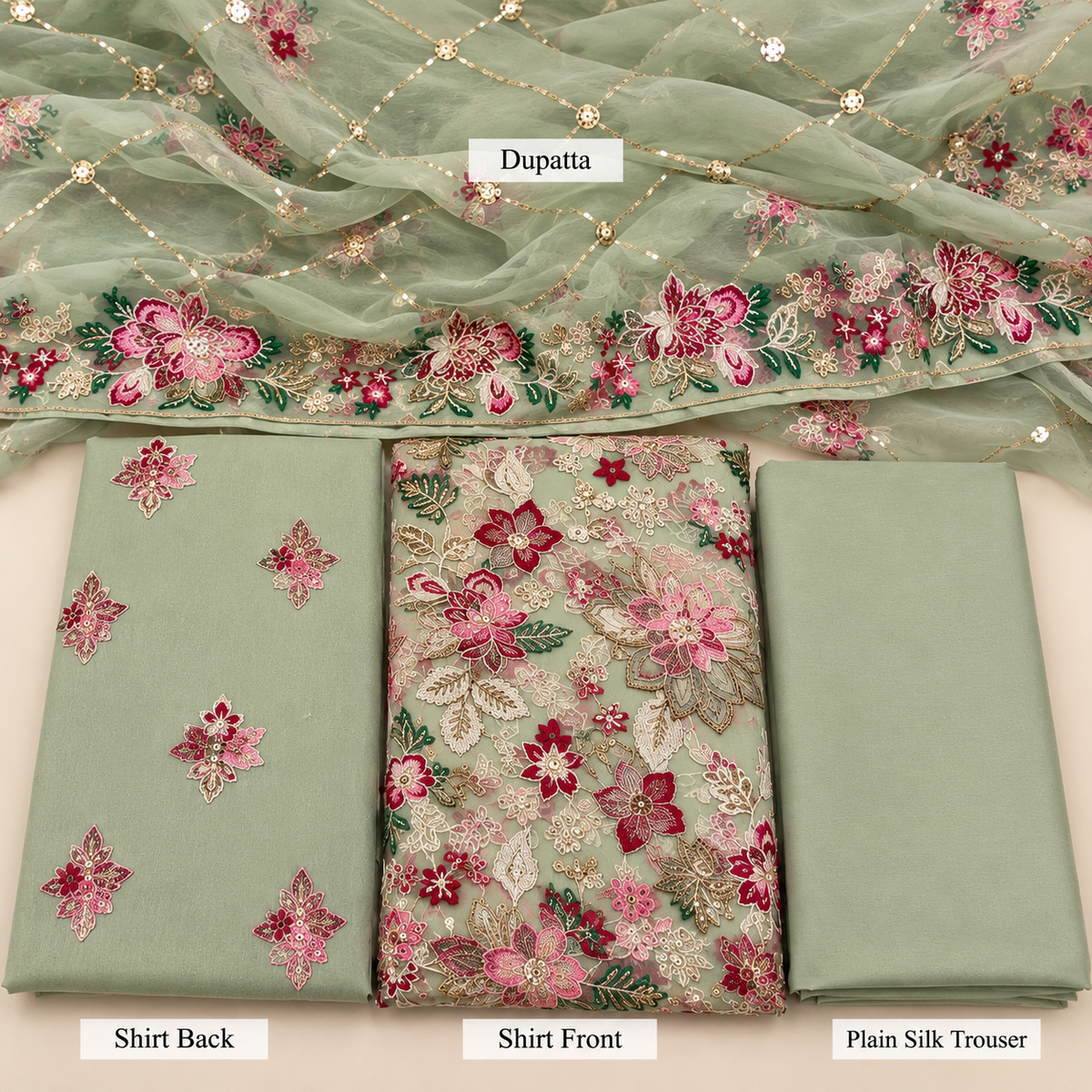 Sage Green Floral Embroidered Chiffon 3 Piece Unstitched Suit