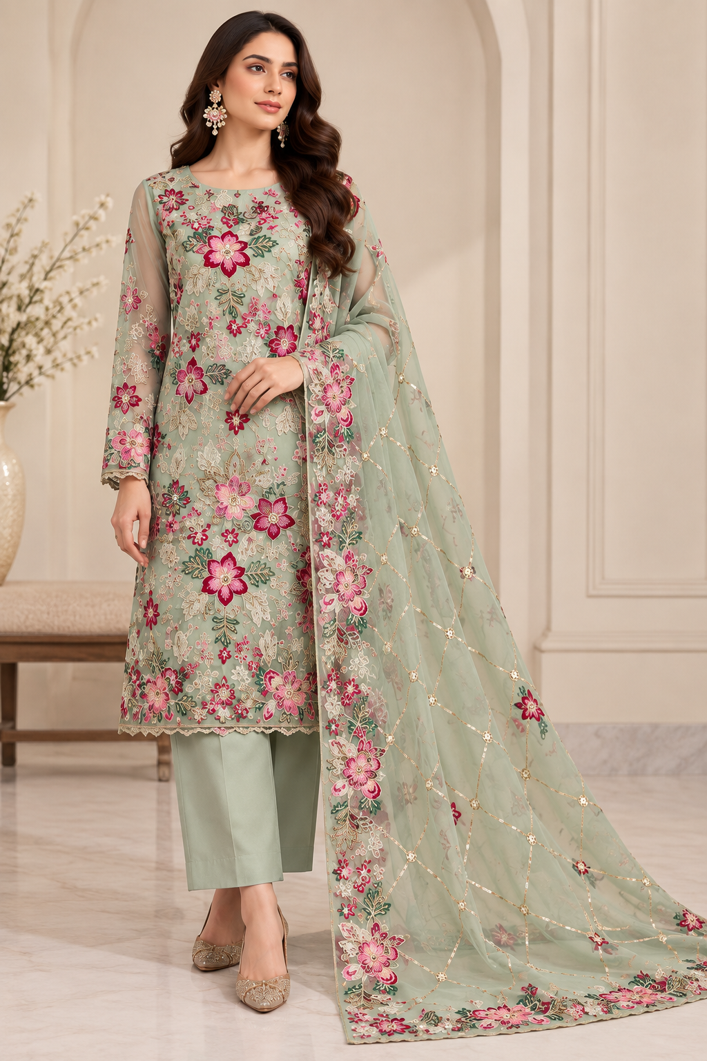Sage Green Floral Embroidered Chiffon 3 Piece Unstitched Suit