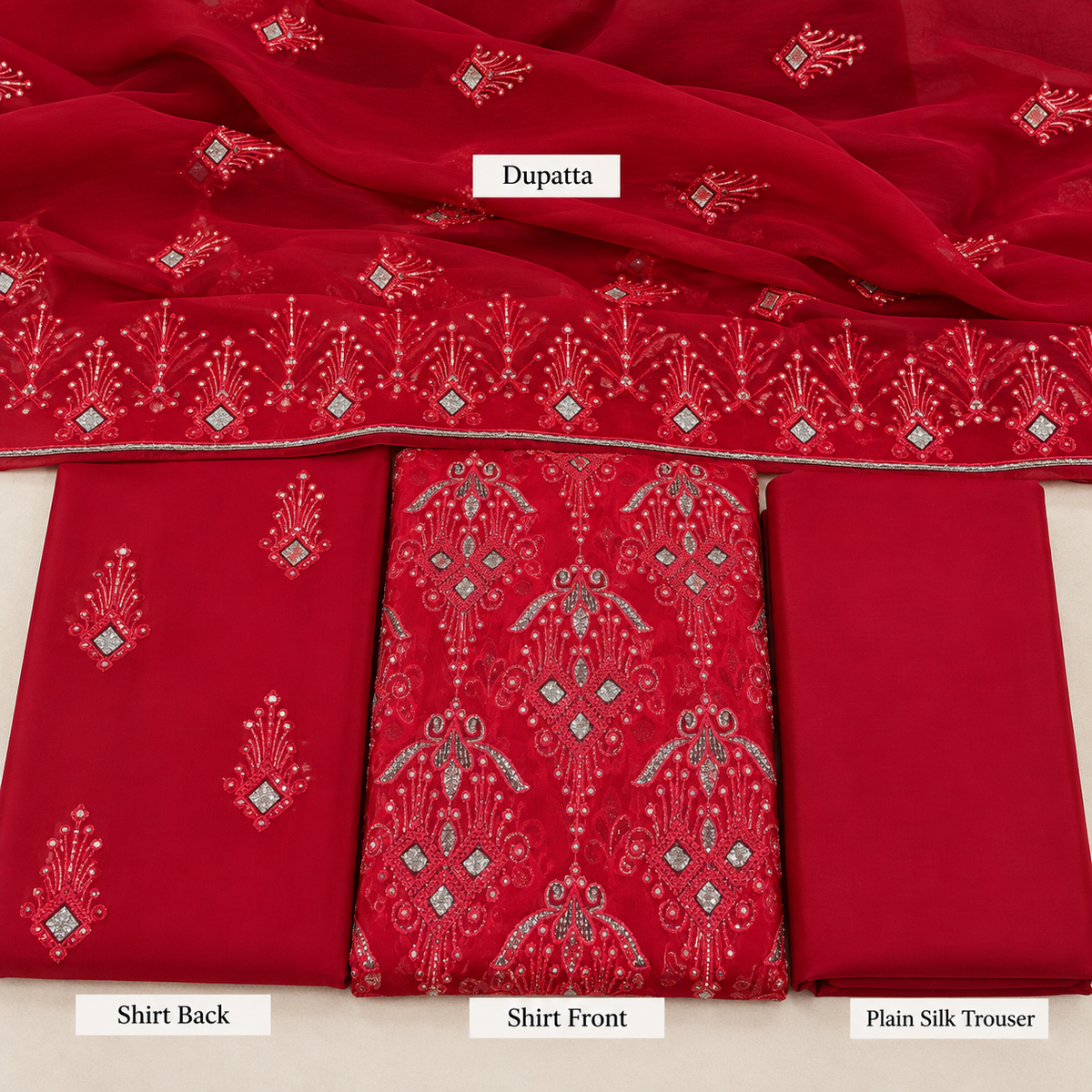 Ruby Red Embroidered Chiffon 3 Piece Unstitched Suit