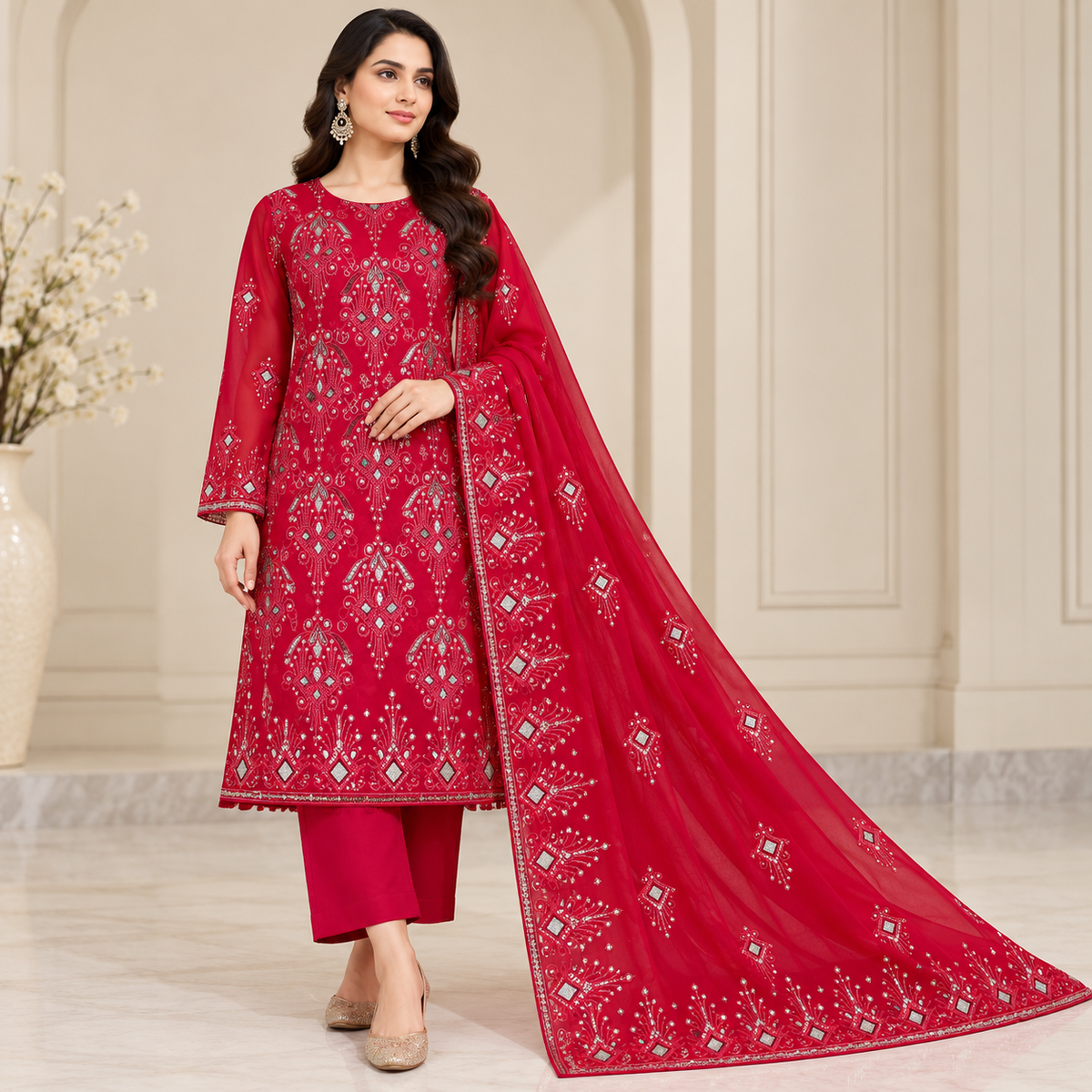 Ruby Red Embroidered Chiffon 3 Piece Unstitched Suit