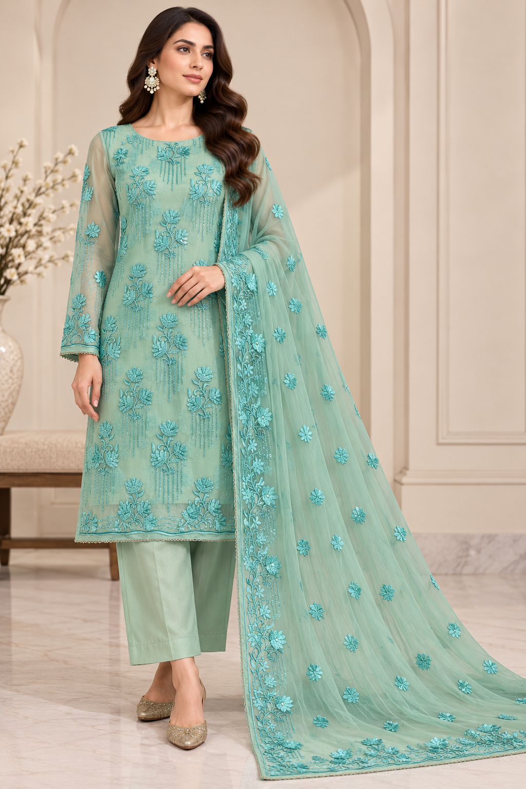 Mint Green Embroidered Chiffon 3 Piece Unstitched Suit