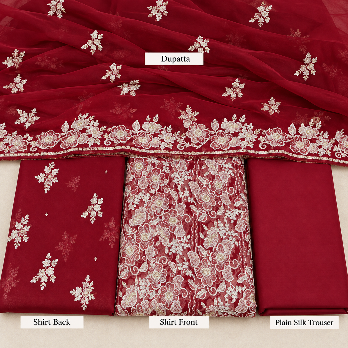 Crimson Red Floral Embroidered Chiffon 3 Piece Unstitched Suit