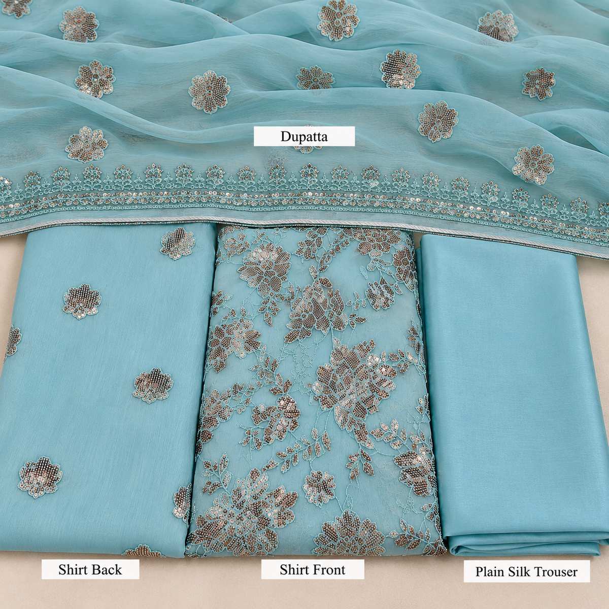 Powder Blue Floral Embroidered Chiffon 3 Piece Unstitched Suit