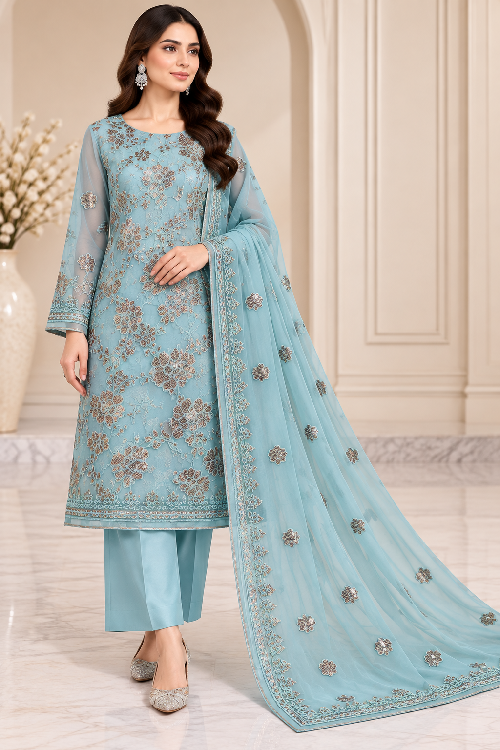 Powder Blue Floral Embroidered Chiffon 3 Piece Unstitched Suit