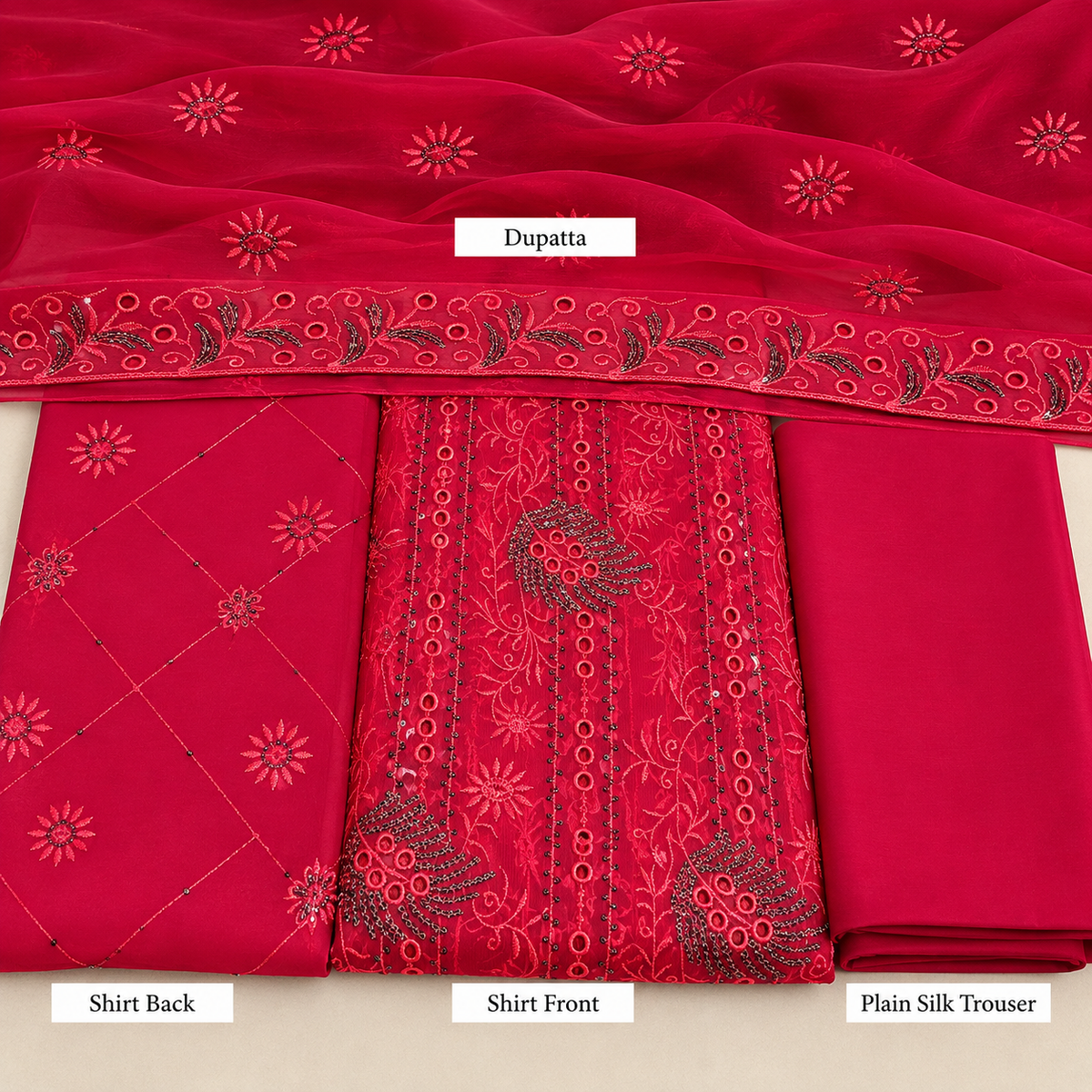 Vibrant Red Embroidered Chiffon 3 Piece Unstitched Suit