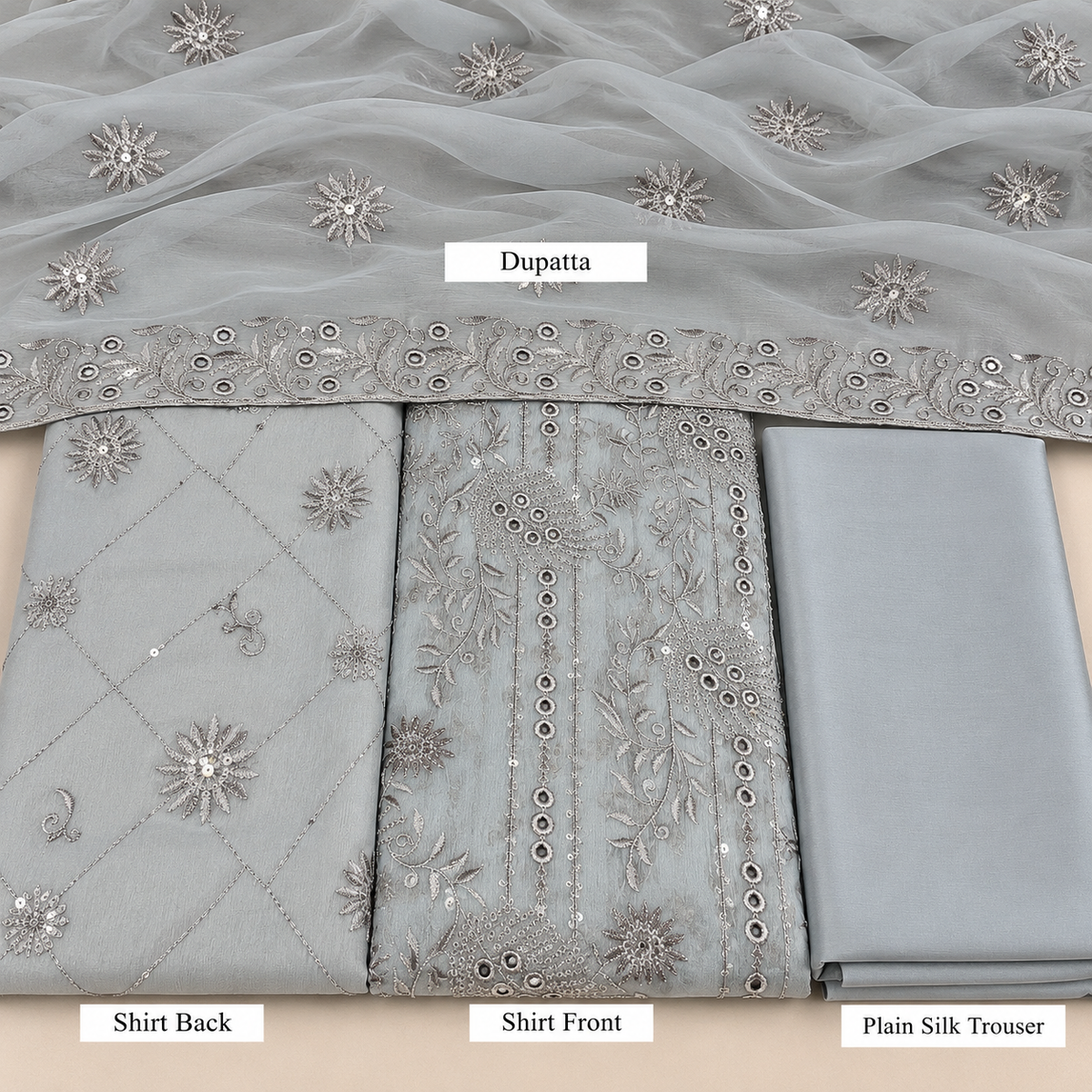 Silver Grey Embroidered Chiffon 3 Piece Unstitched Suit