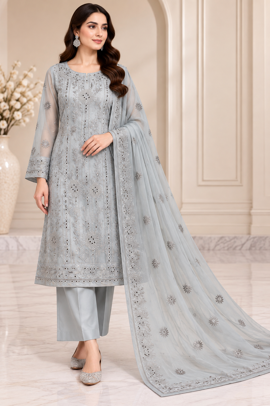 Silver Grey Embroidered Chiffon 3 Piece Unstitched Suit