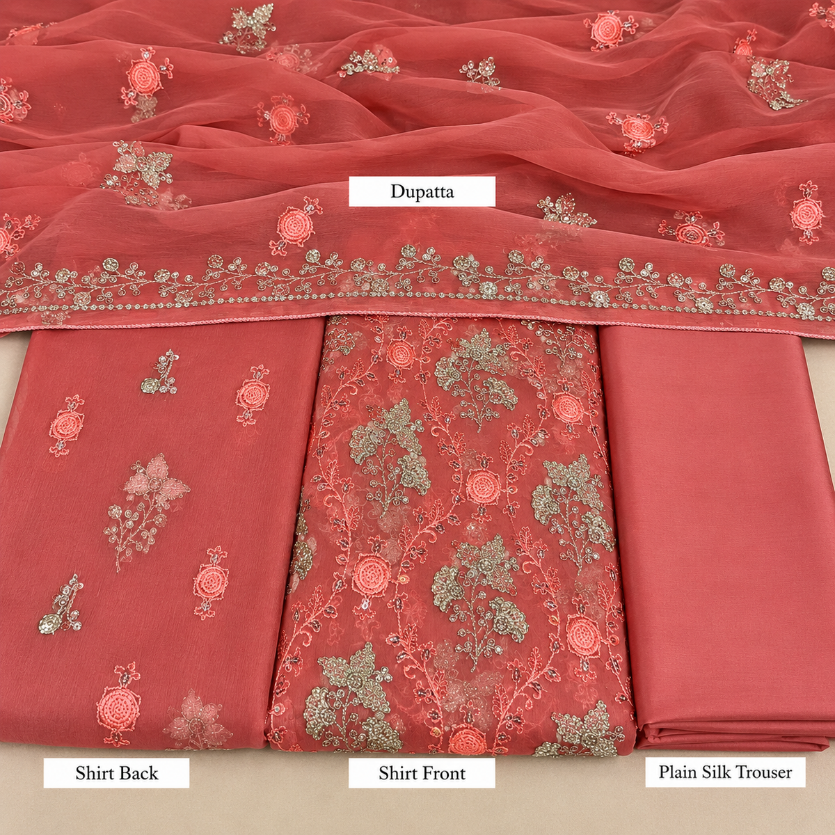 Coral Rose Embroidered Chiffon 3 Piece Unstitched Suit