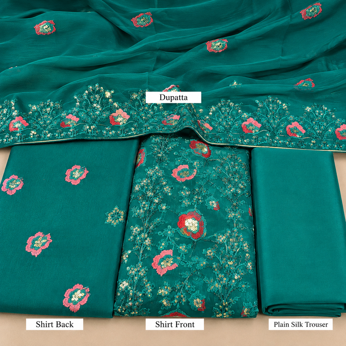Emerald Teal Floral Embroidered Chiffon 3 Piece Unstitched Suit