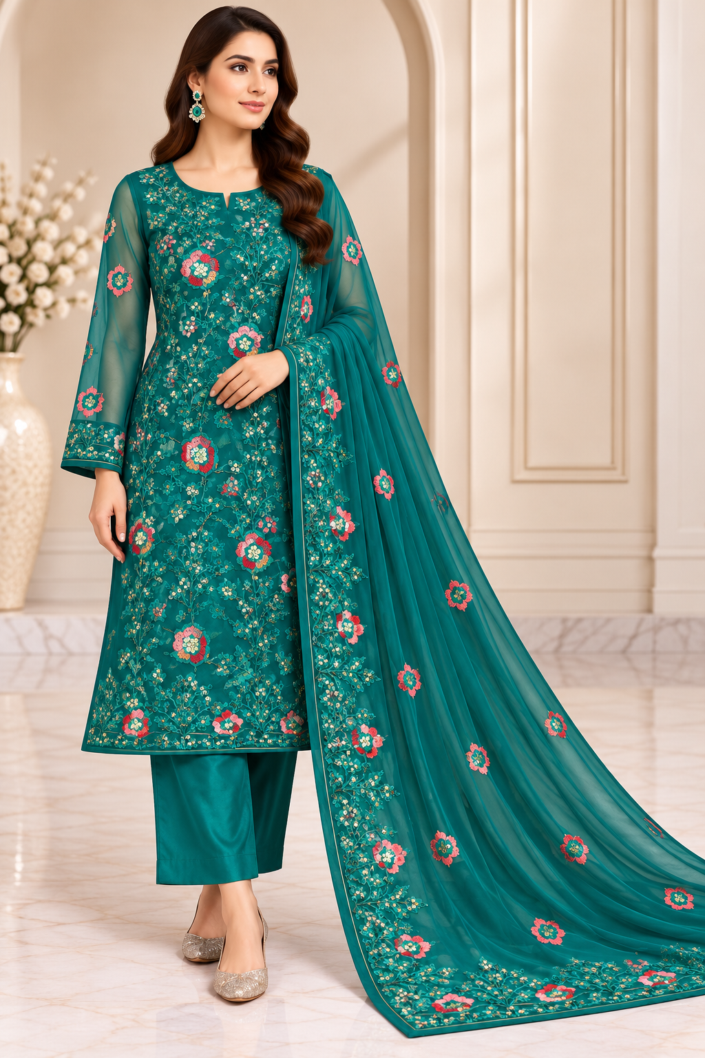 Emerald Teal Floral Embroidered Chiffon 3 Piece Unstitched Suit