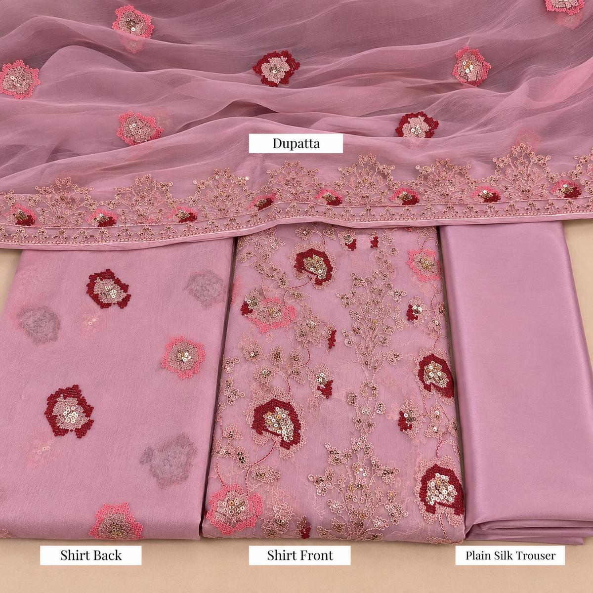 Dusty Mauve Floral Embroidered Chiffon 3 Piece Unstitched Suit