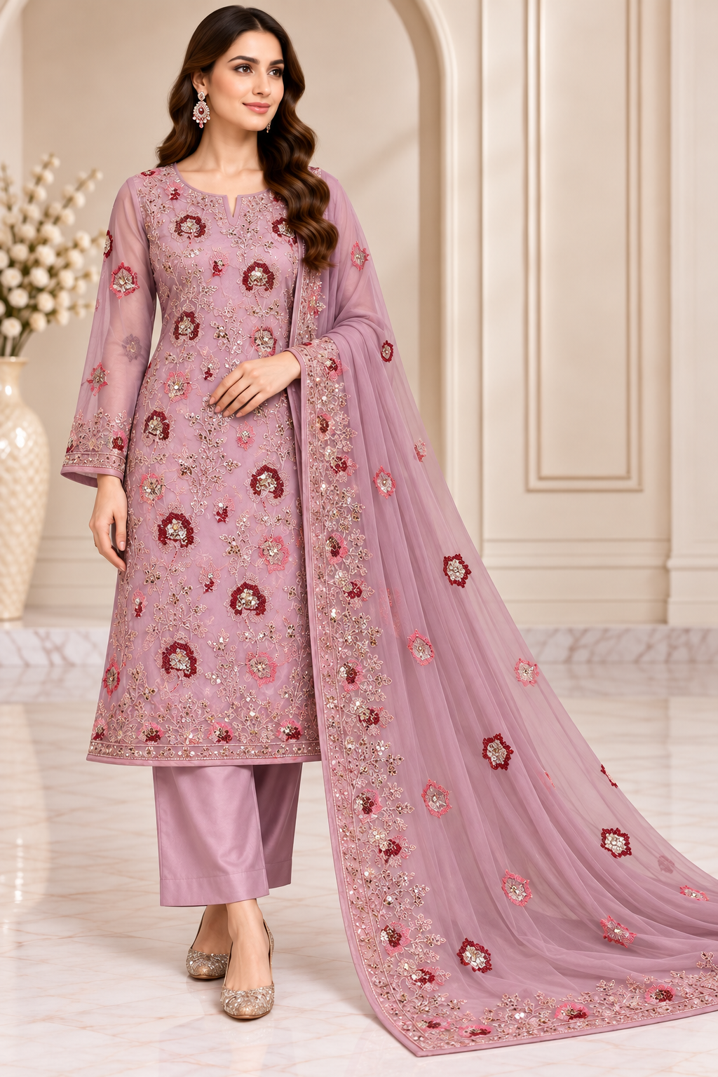 Dusty Mauve Floral Embroidered Chiffon 3 Piece Unstitched Suit