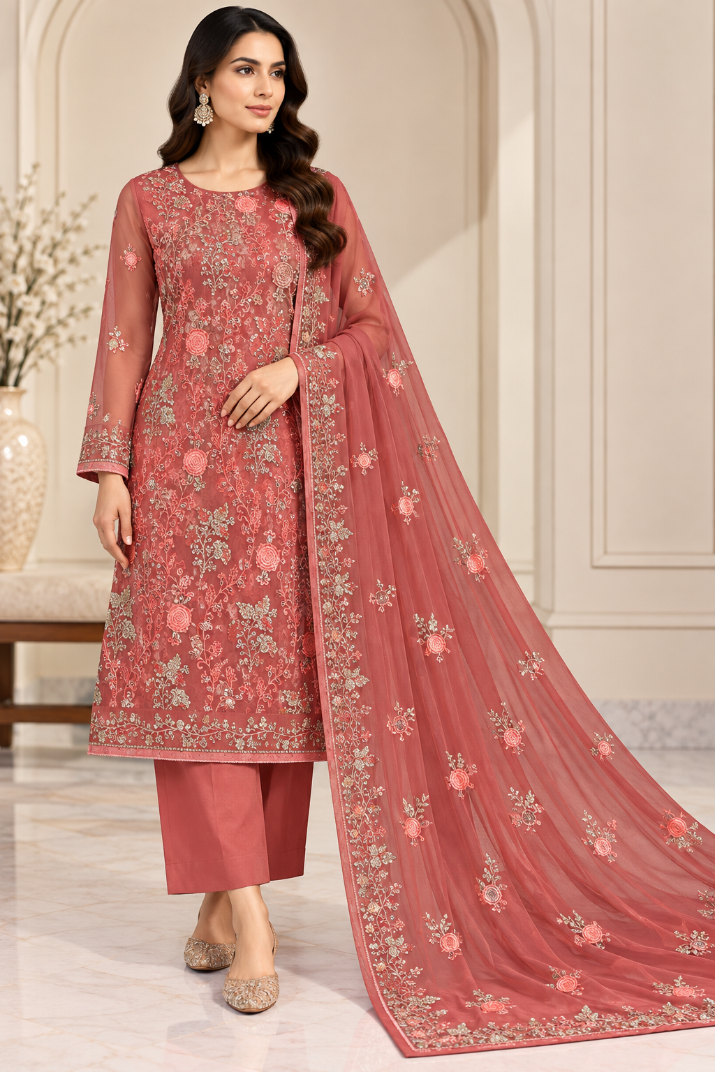 Coral Rose Embroidered Chiffon 3 Piece Unstitched Suit