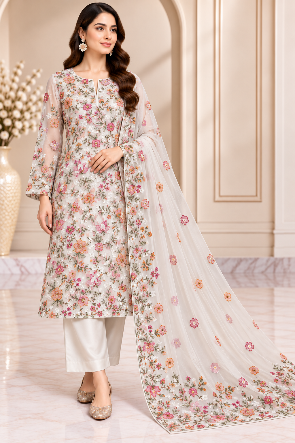Ivory White Floral Embroidered Chiffon 3 Piece Unstitched Suit