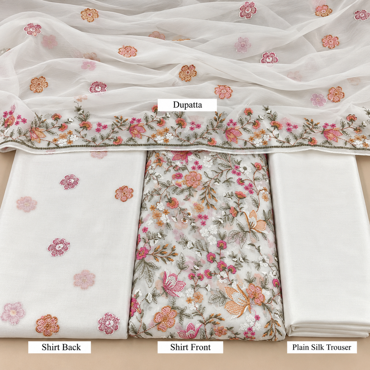 Ivory White Floral Embroidered Chiffon 3 Piece Unstitched Suit