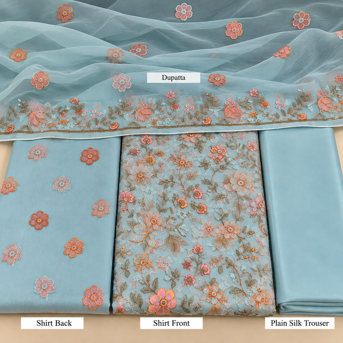 Powder Blue Floral Embroidered Chiffon 3 Piece Unstitched Suit
