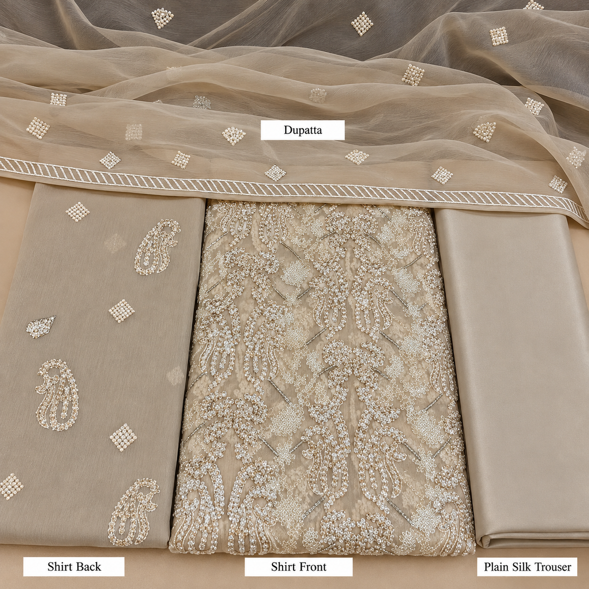 Champagne Beige Embroidered Chiffon 3 Piece Unstitched Suit