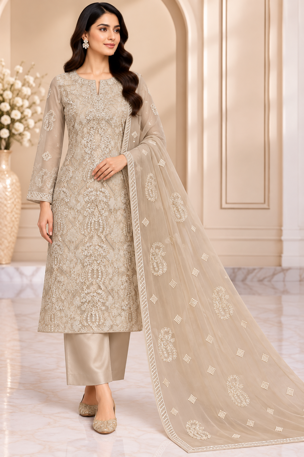 Champagne Beige Embroidered Chiffon 3 Piece Unstitched Suit