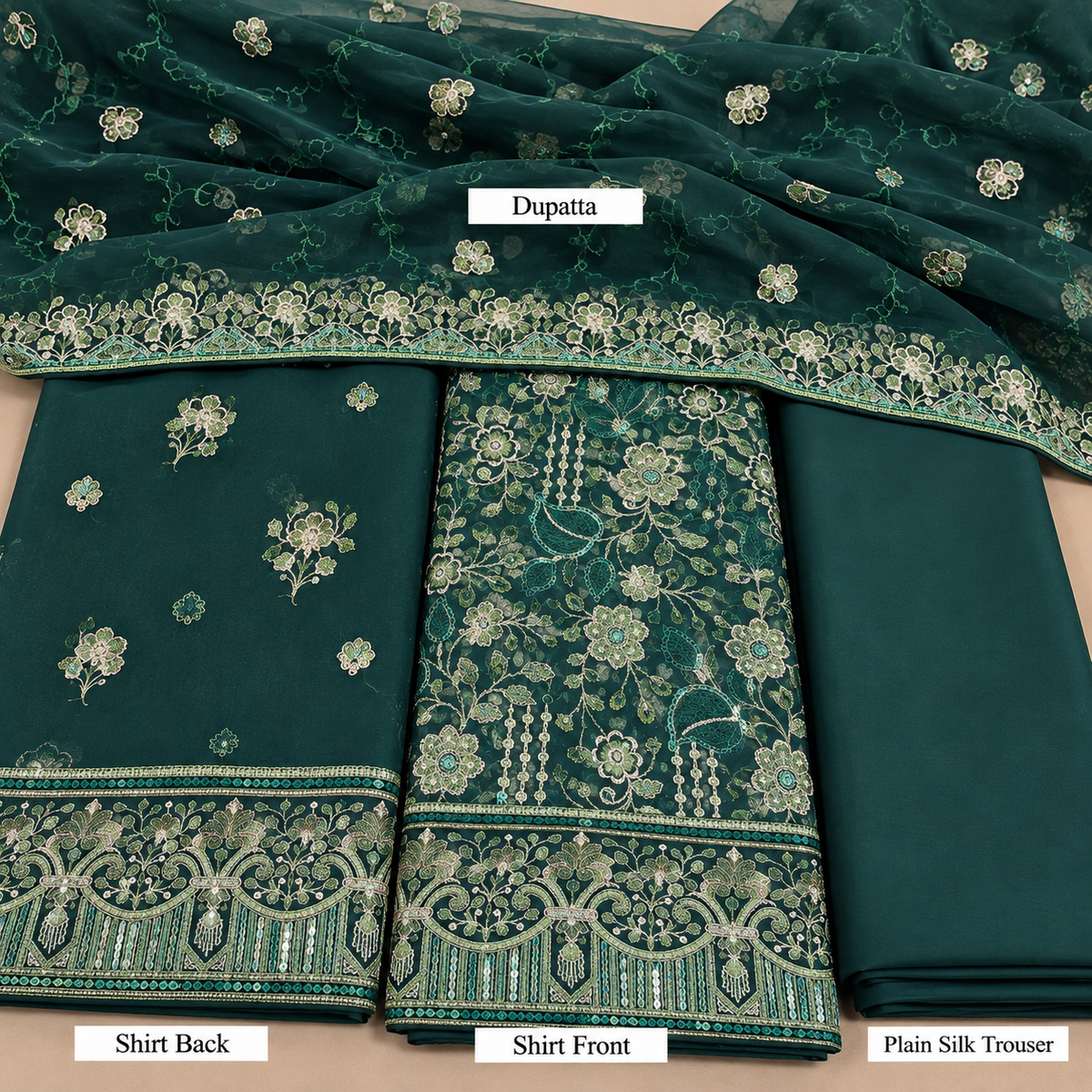 Deep Emerald Green Embroidered Chiffon 3 Piece Unstitched Suit