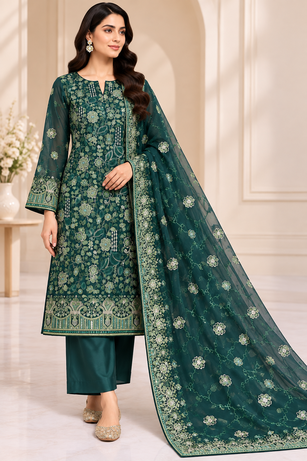 Deep Emerald Green Embroidered Chiffon 3 Piece Unstitched Suit