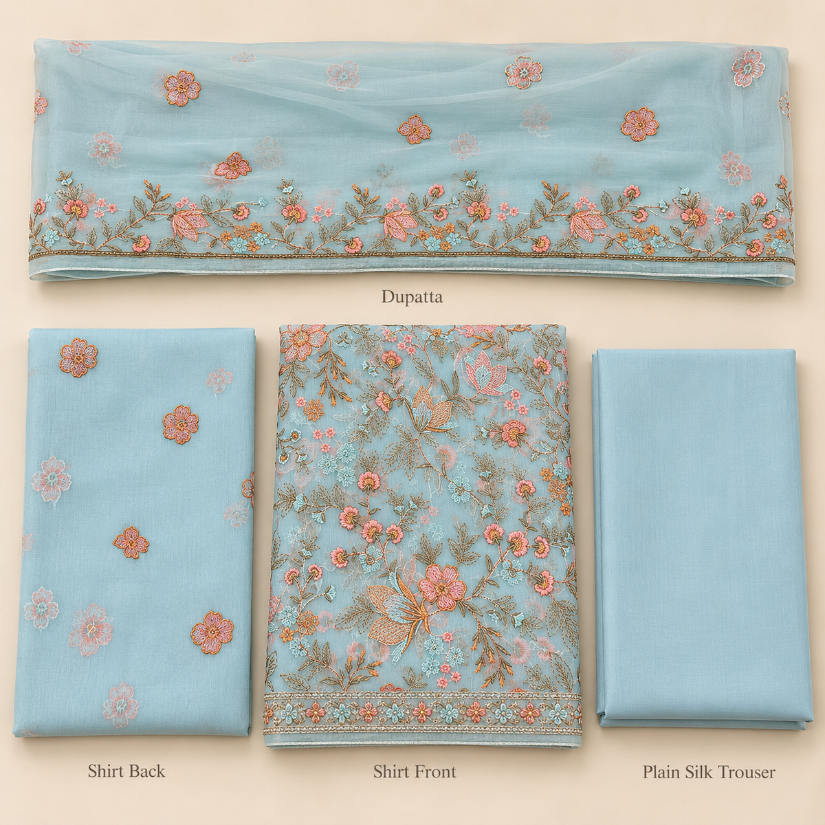 Sky Blue Floral Embroidered Chiffon 3 Piece Unstitched Suit