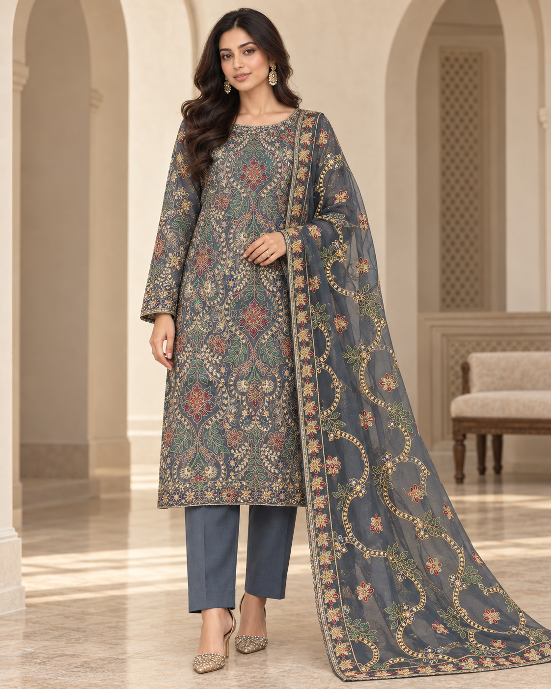Charcoal Grey Embroidered Chiffon 3 Piece Unstitched Suit