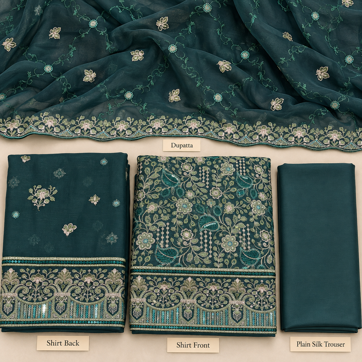 Deep Teal Green Embroidered Chiffon 3 Piece Unstitched Suit