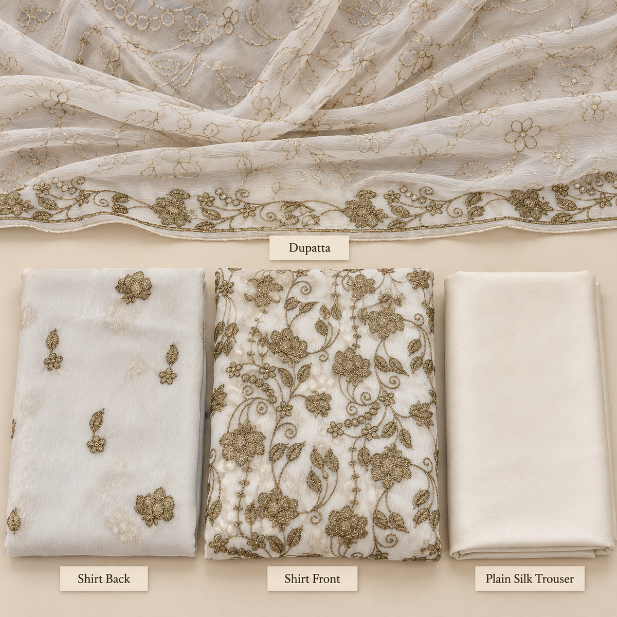 Ivory White & Gold Embroidered Chiffon 3 Piece Unstitched Suit