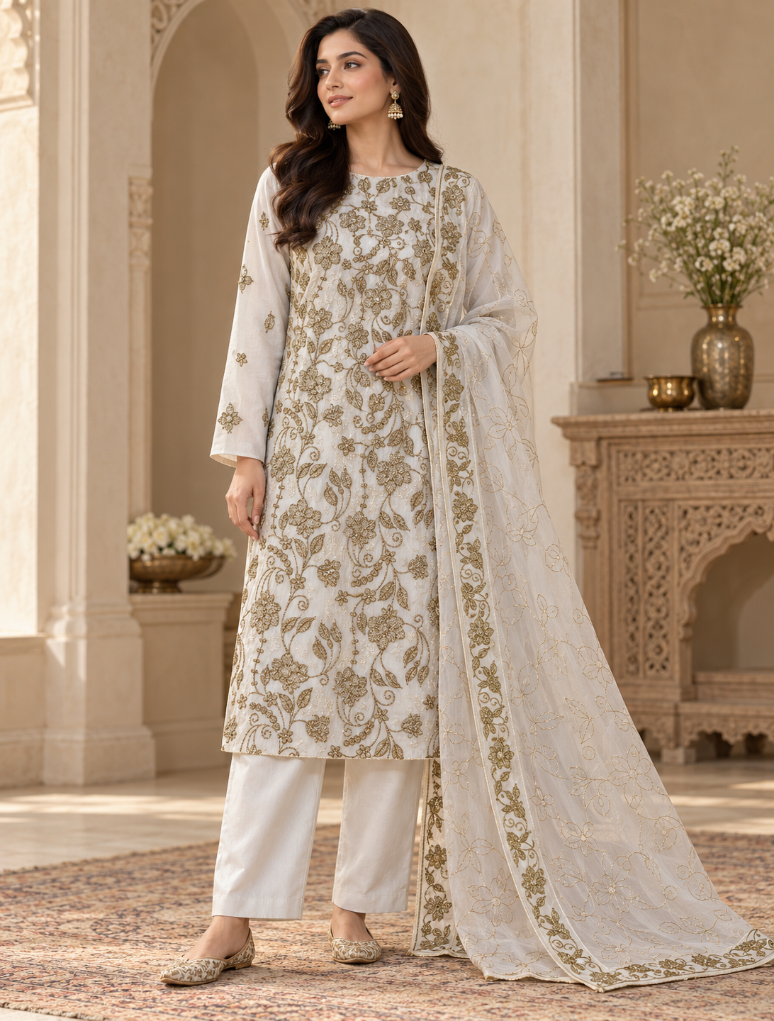 Ivory White & Gold Embroidered Chiffon 3 Piece Unstitched Suit