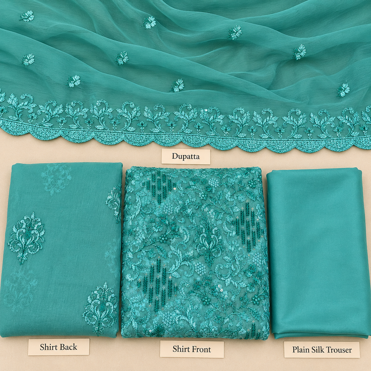 Turquoise Embroidered Chiffon 3 Piece Unstitched Suit