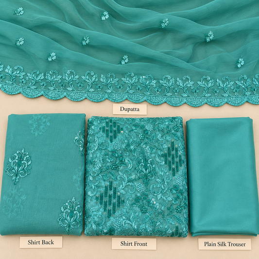 Turquoise Embroidered Chiffon 3 Piece Unstitched Suit