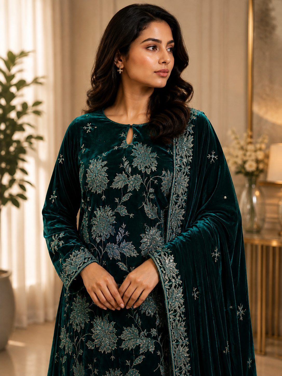 Emerald Green Embroidered Velvet 3 Piece Unstitched Suit