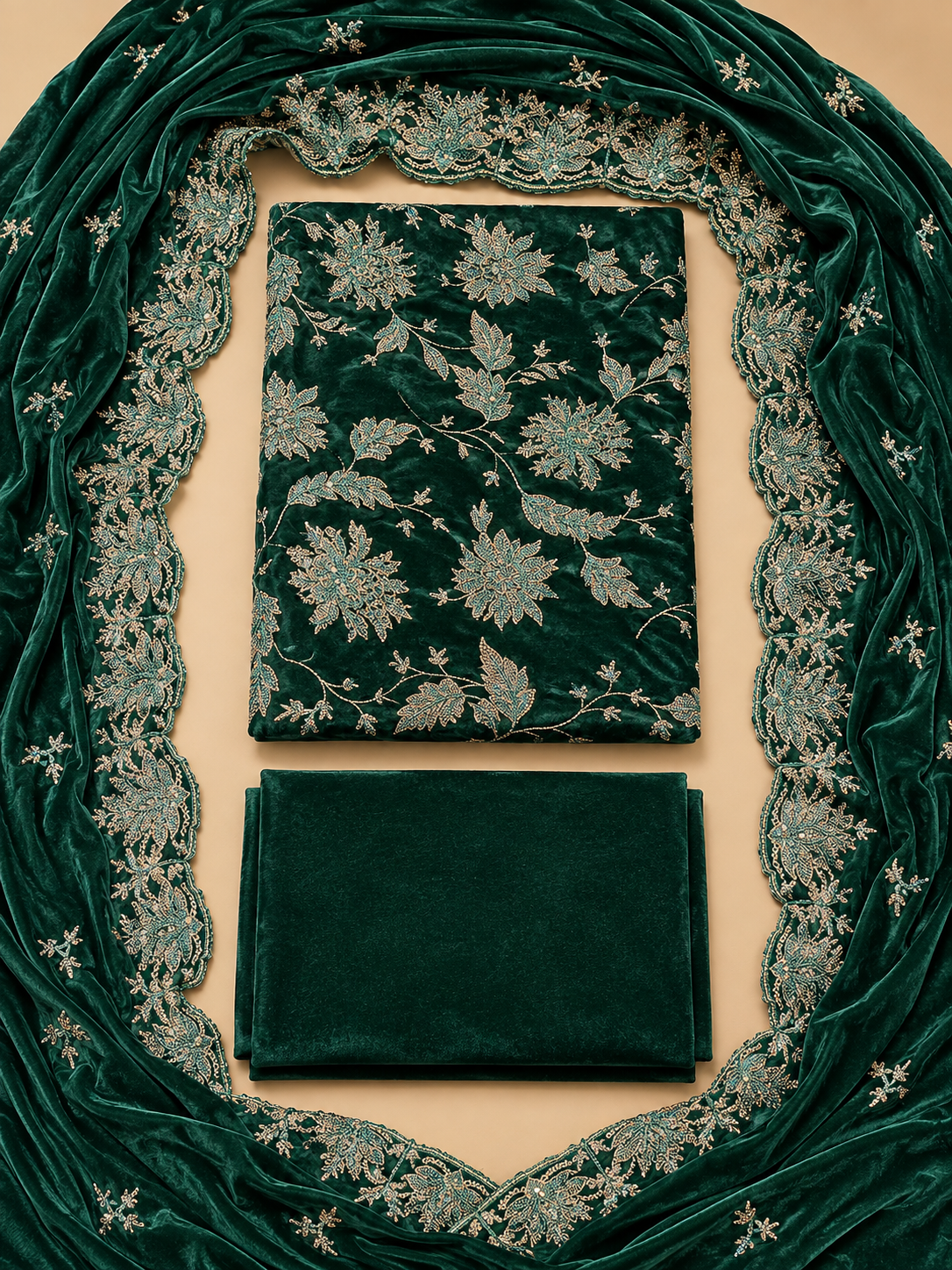 Emerald Green Embroidered Velvet 3 Piece Unstitched Suit
