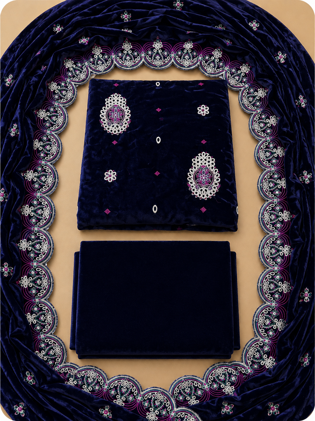 Royal Blue Embroidered Palachi 3 Piece Unstitched Suit