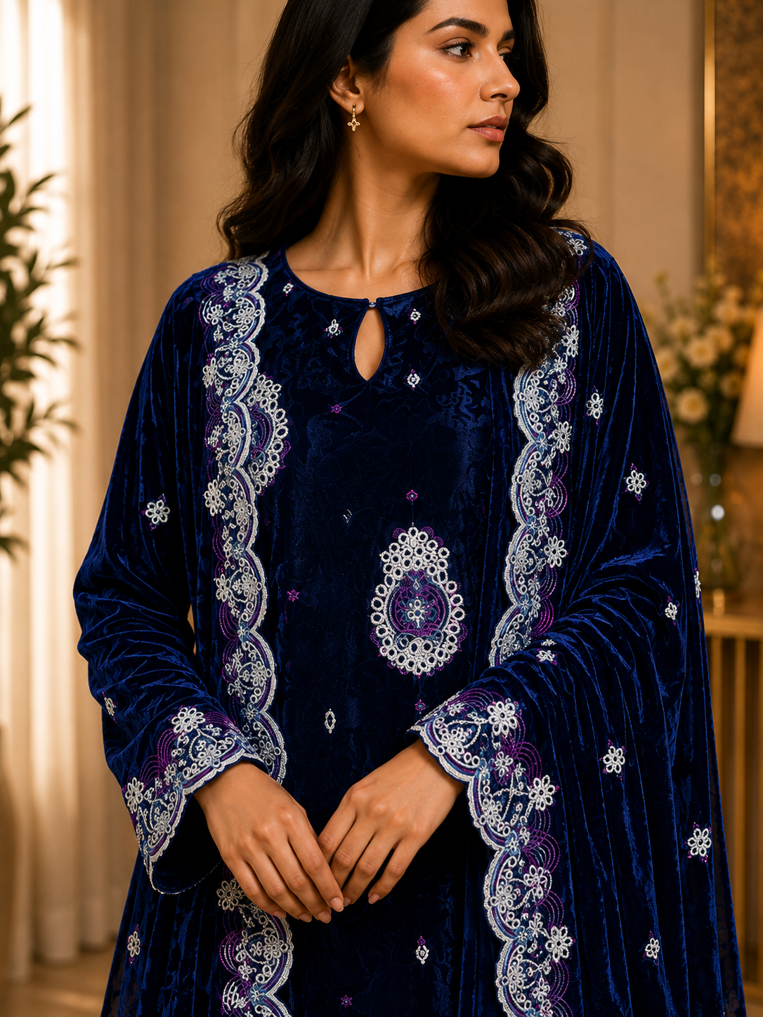 Royal Blue Embroidered Palachi 3 Piece Unstitched Suit